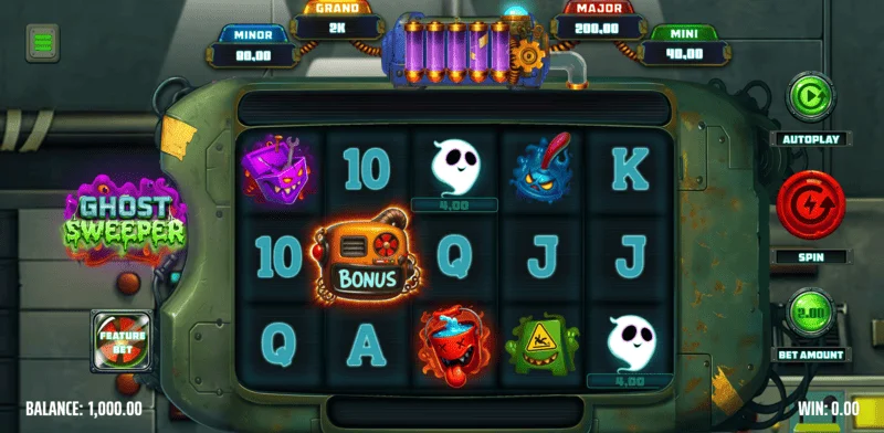 Ghost Sweeper - หน้าจอเกมหลักพร้อมตาราง 5x3